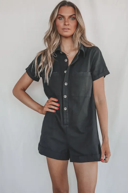 My Closet My Vibe Short Sleeve Black Denim Romper sold by Amazing Lace