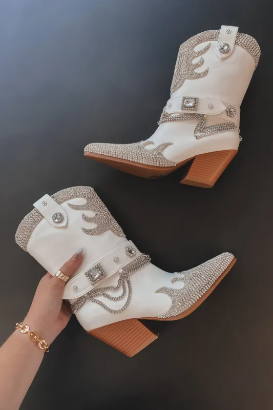 DEAL It’s Giving Turning Heads White Rhinestones Western Booties sold by Amazing Lace