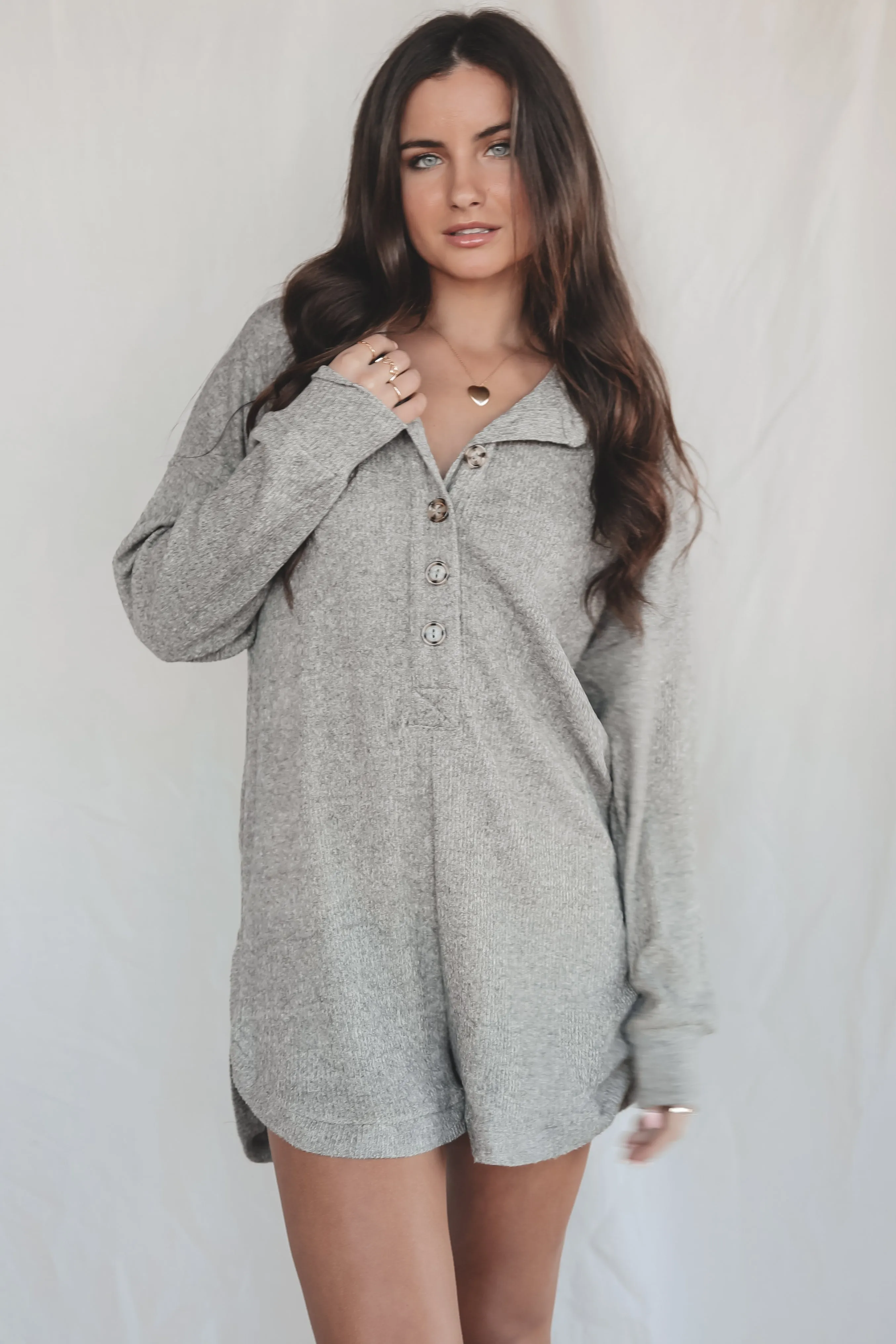 Coffee In The Morning Gray Ribbed Sweater Romper sold by Amazing Lace