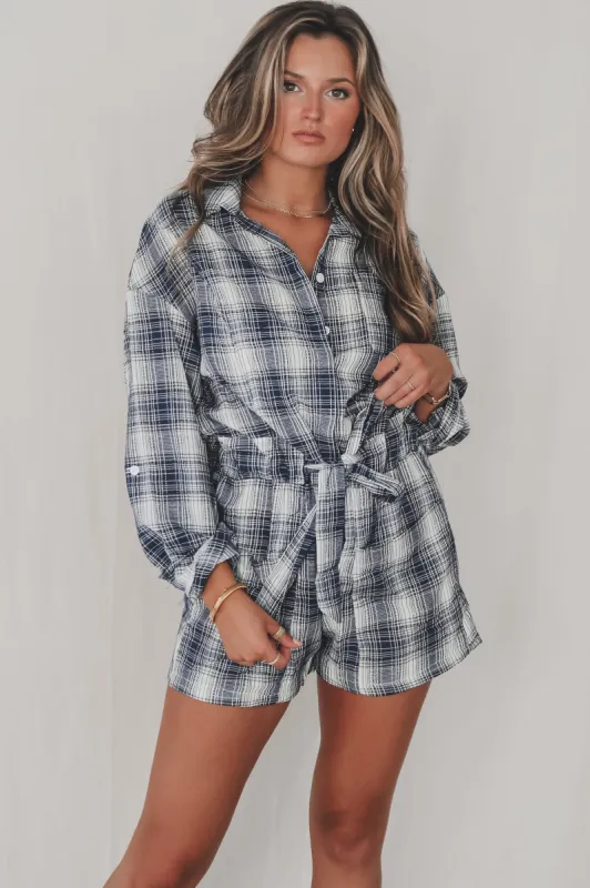 DEAL In My Feels Navy Flannel Romper sold by Amazing Lace