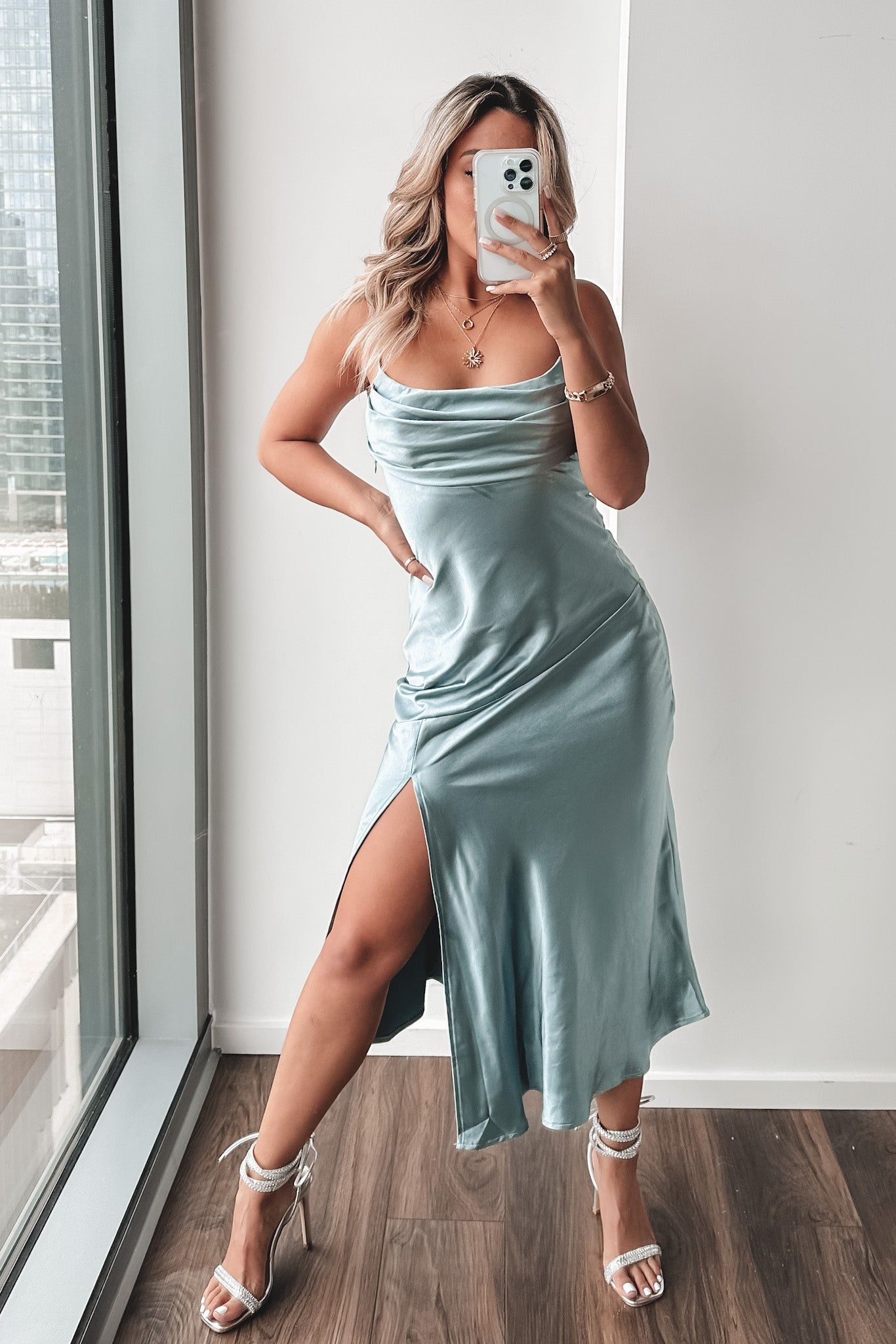 Into The Night Satin Blue Midi Dress sold by Amazing Lace product image thumbnail 5