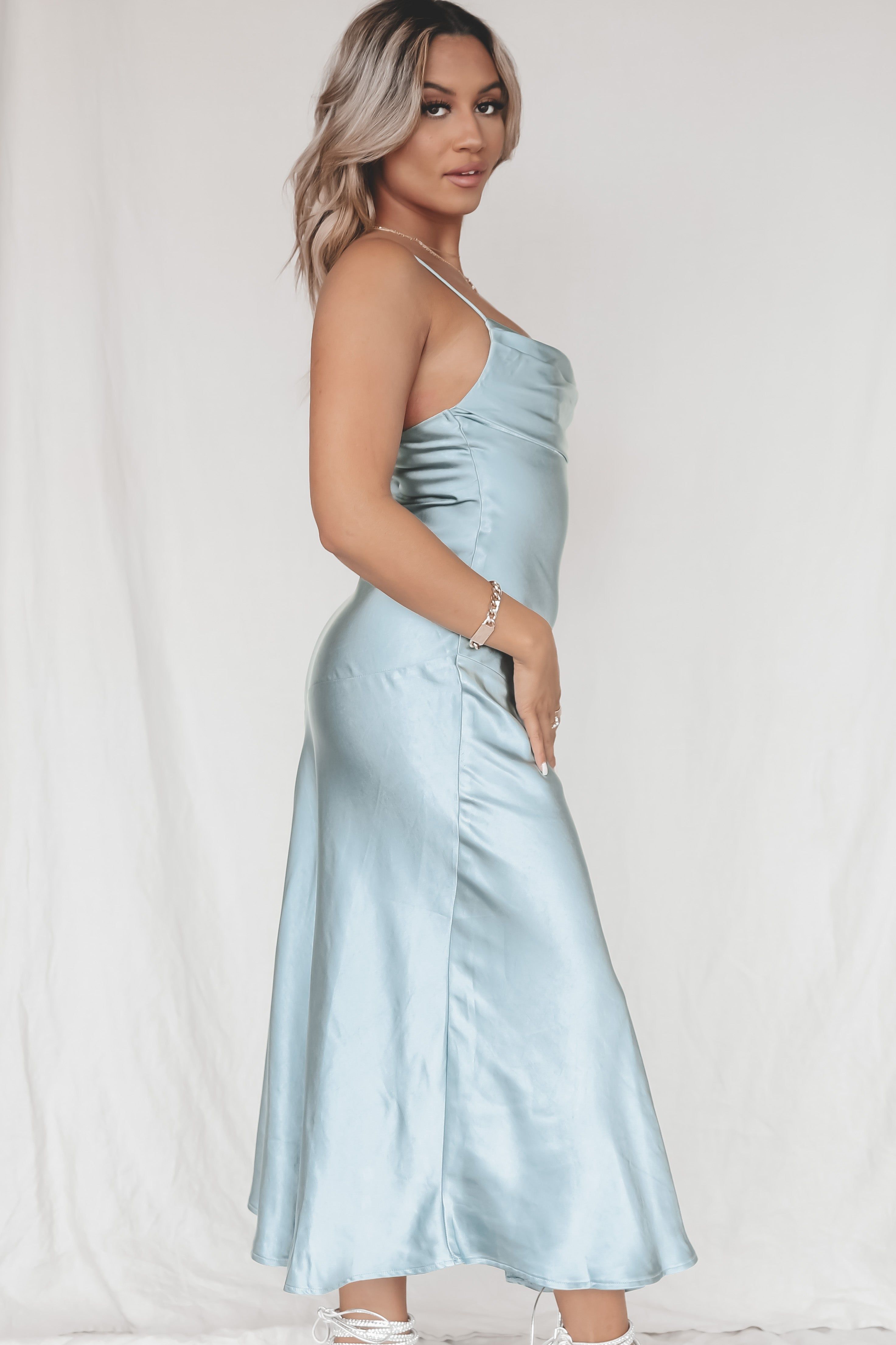 Into The Night Satin Blue Midi Dress sold by Amazing Lace product image thumbnail 4