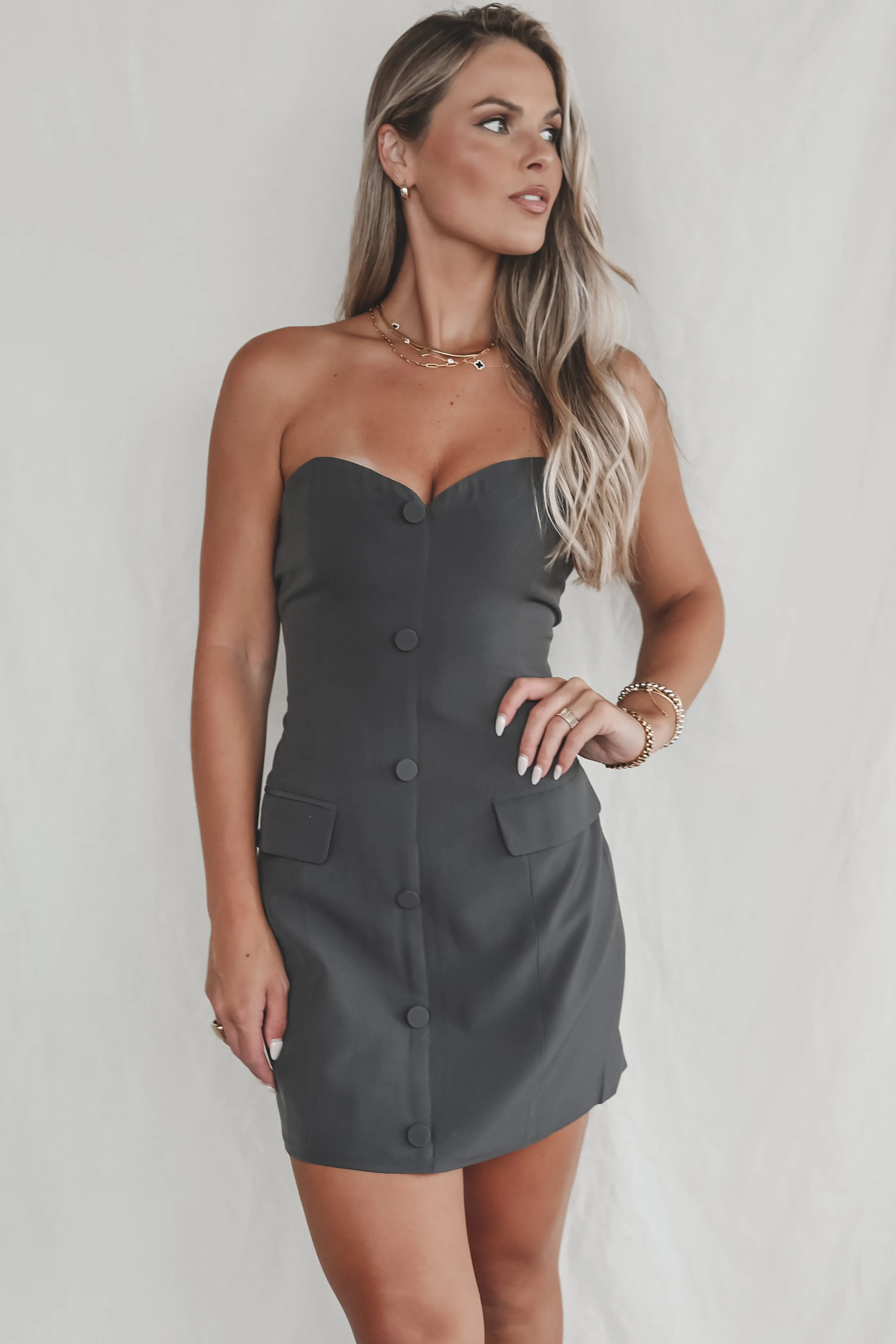Gotta Work Cover Girl Charcoal Strapless Dress sold by Amazing Lace product image thumbnail 5