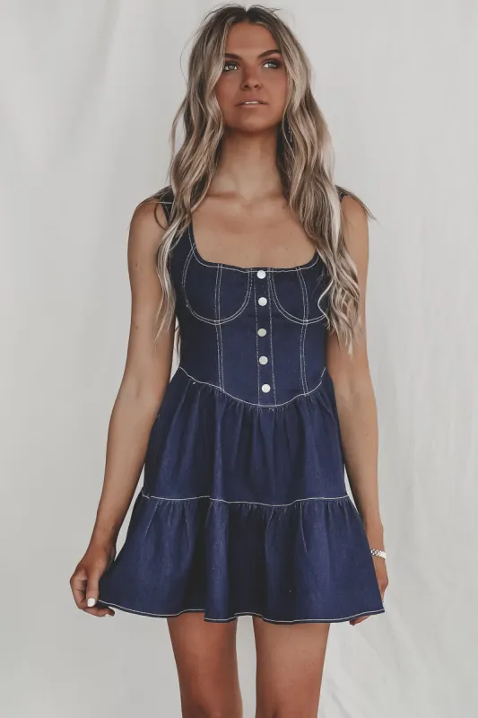 DEAL Makes Me Happy Denim Tiered Mini Dress sold by Amazing Lace