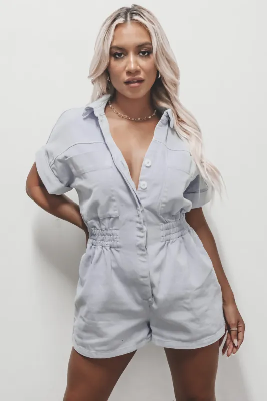 Long Walks On The Beach Light Blue Utily Romper sold by Amazing Lace