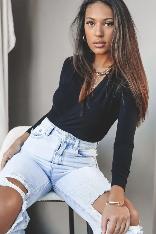 BAYSE Deep V Crossover Bodysuit -Black sold by Amazing Lace