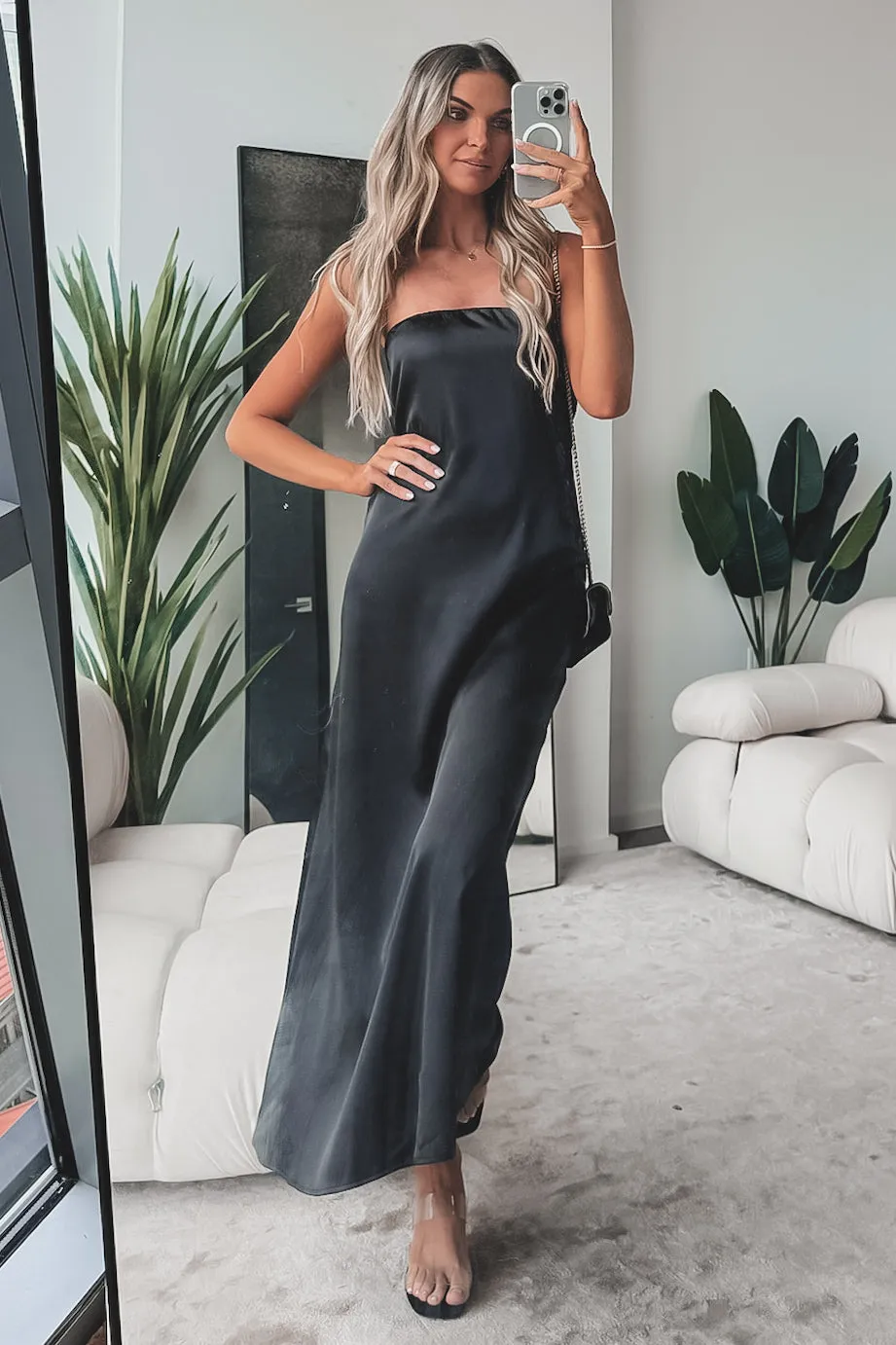 DEAL Sassy Side Strapless Black Satin Maxi Dress sold by Amazing Lace product image thumbnail 5