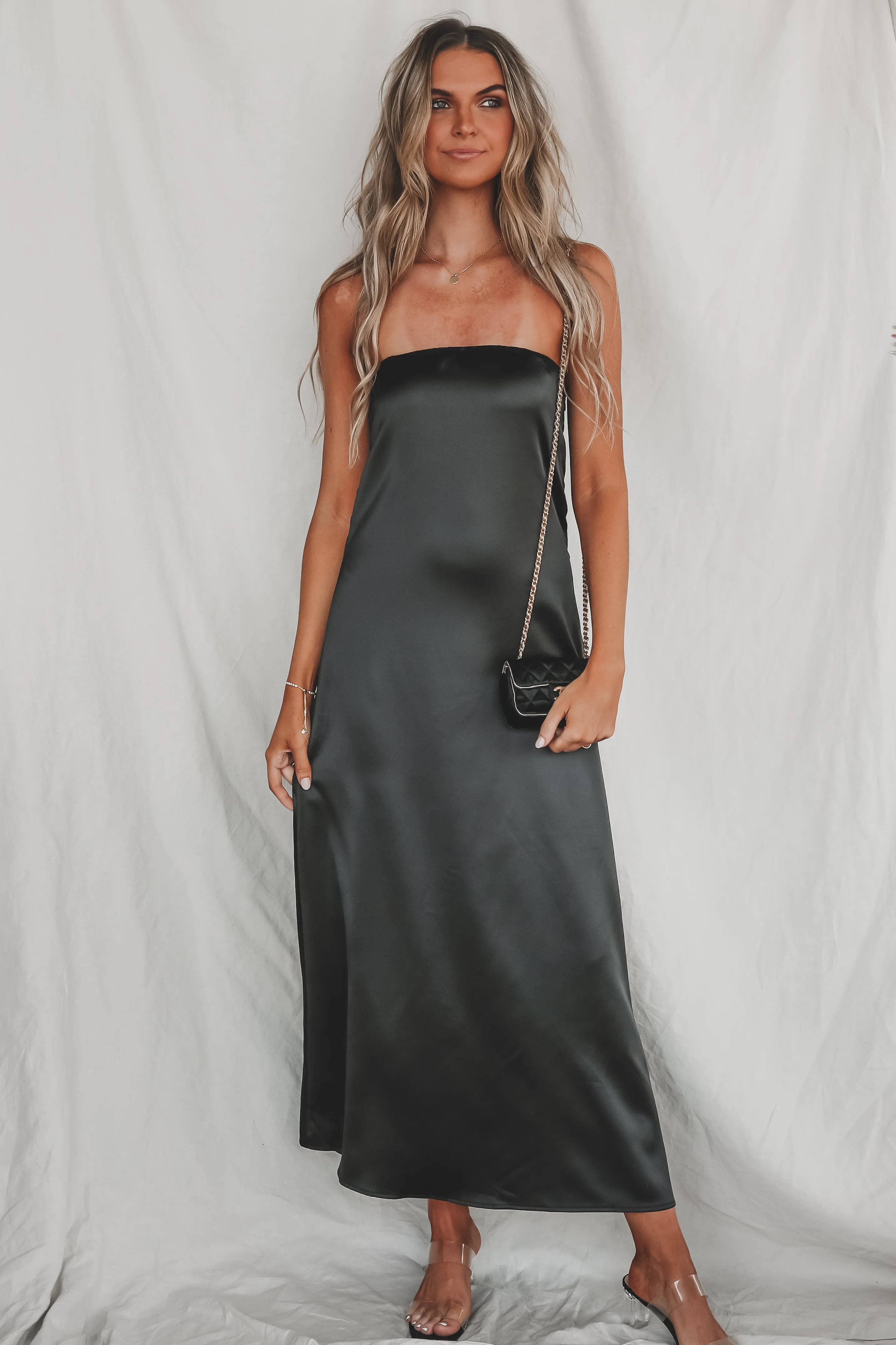 DEAL Sassy Side Strapless Black Satin Maxi Dress sold by Amazing Lace