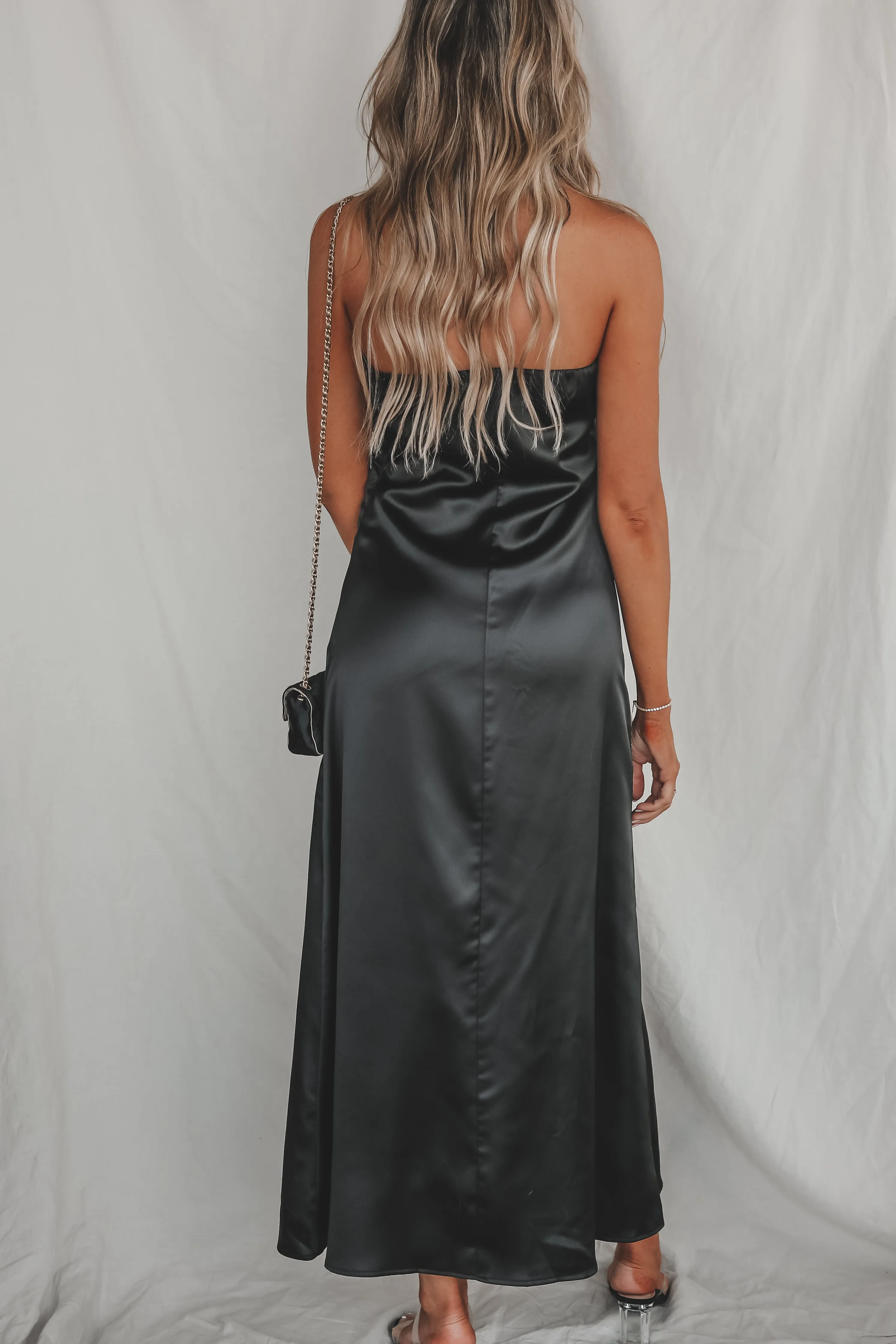 DEAL Sassy Side Strapless Black Satin Maxi Dress sold by Amazing Lace product image thumbnail 3