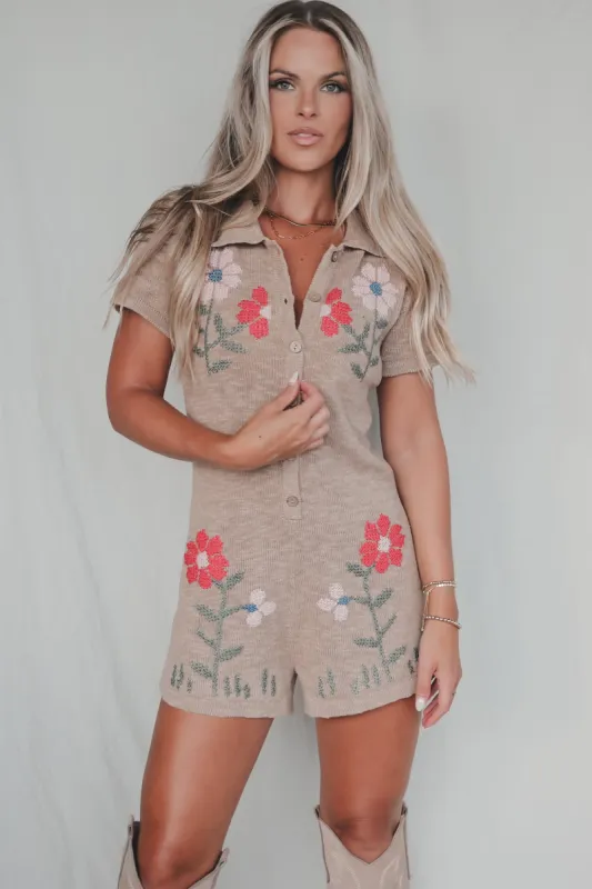 DEAL Dreaming Of Knits And Florals Tan Romper sold by Amazing Lace
