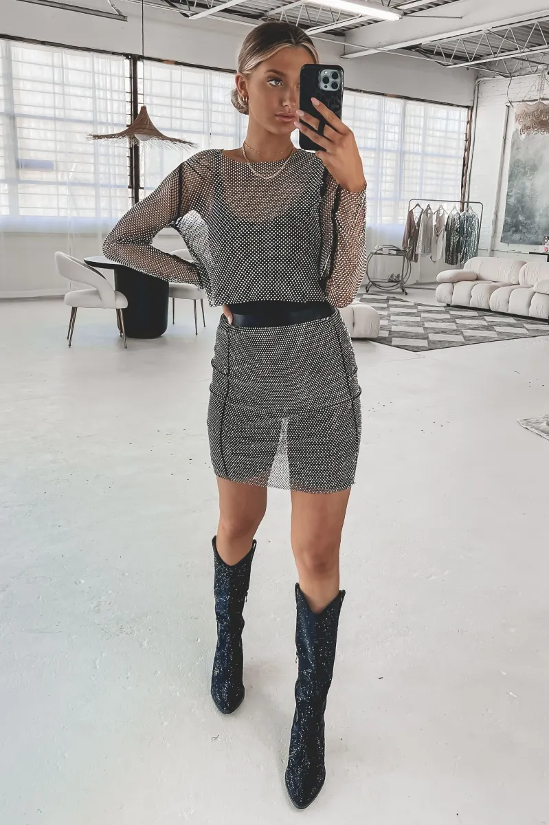 DEAL Bling Queen Black Rhinestone Mesh Midi Skirt sold by Amazing Lace