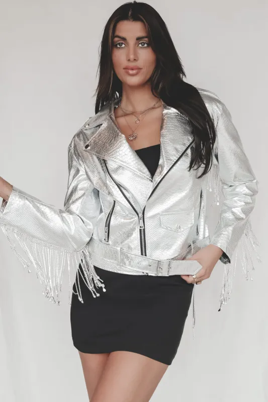 The Stage Is Ready Silver Rhinestone Fringe Leather Jacket sold by Amazing Lace