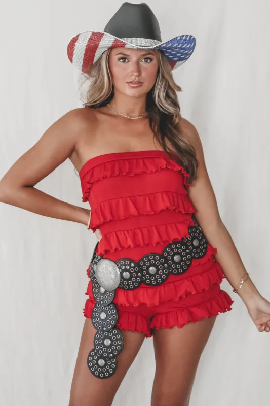 Right Turn Into Your Heart Ruffle Romper sold by Amazing Lace