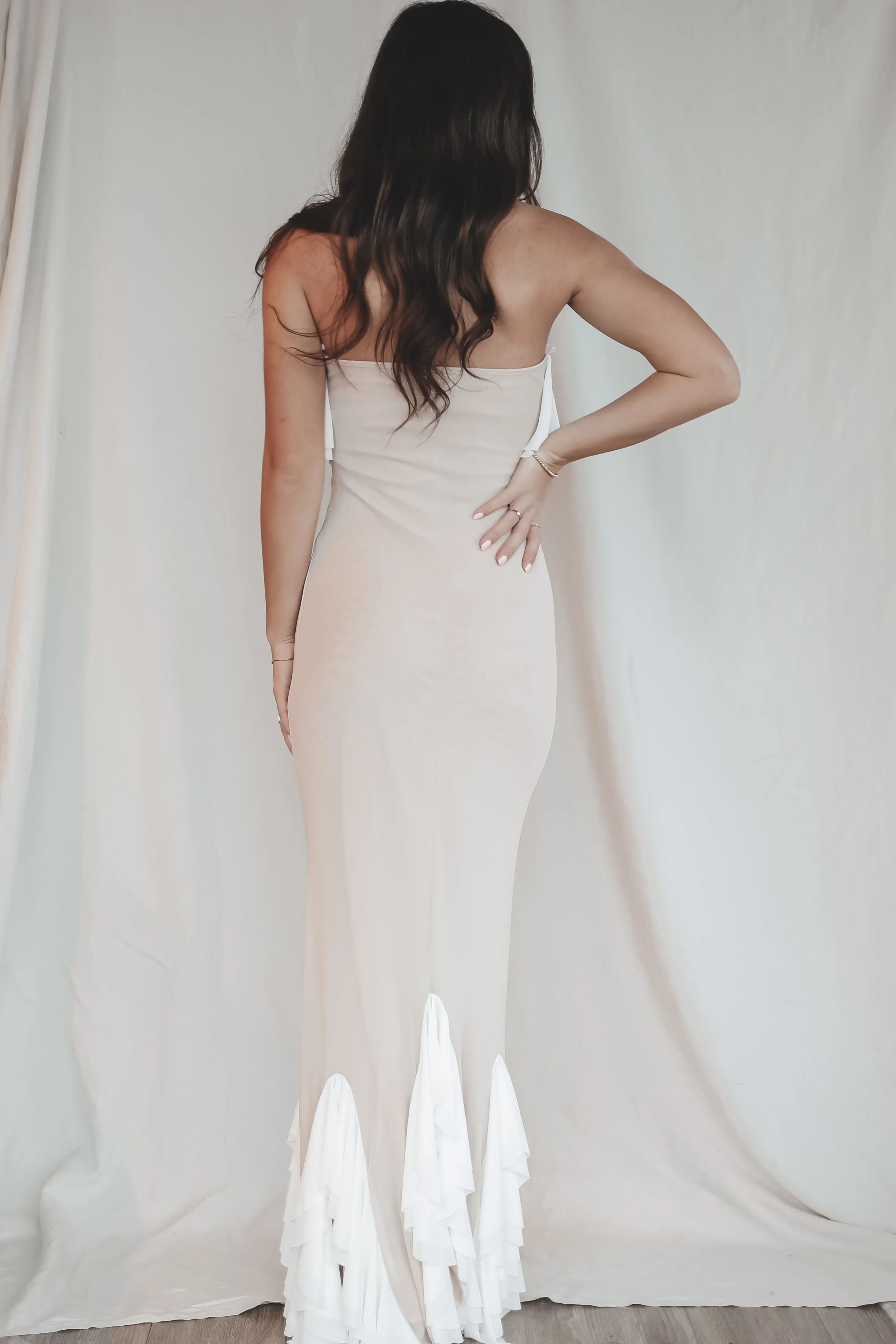 A Sunset Walk Taupe Ruffle Maxi Dress sold by Amazing Lace product image thumbnail 3