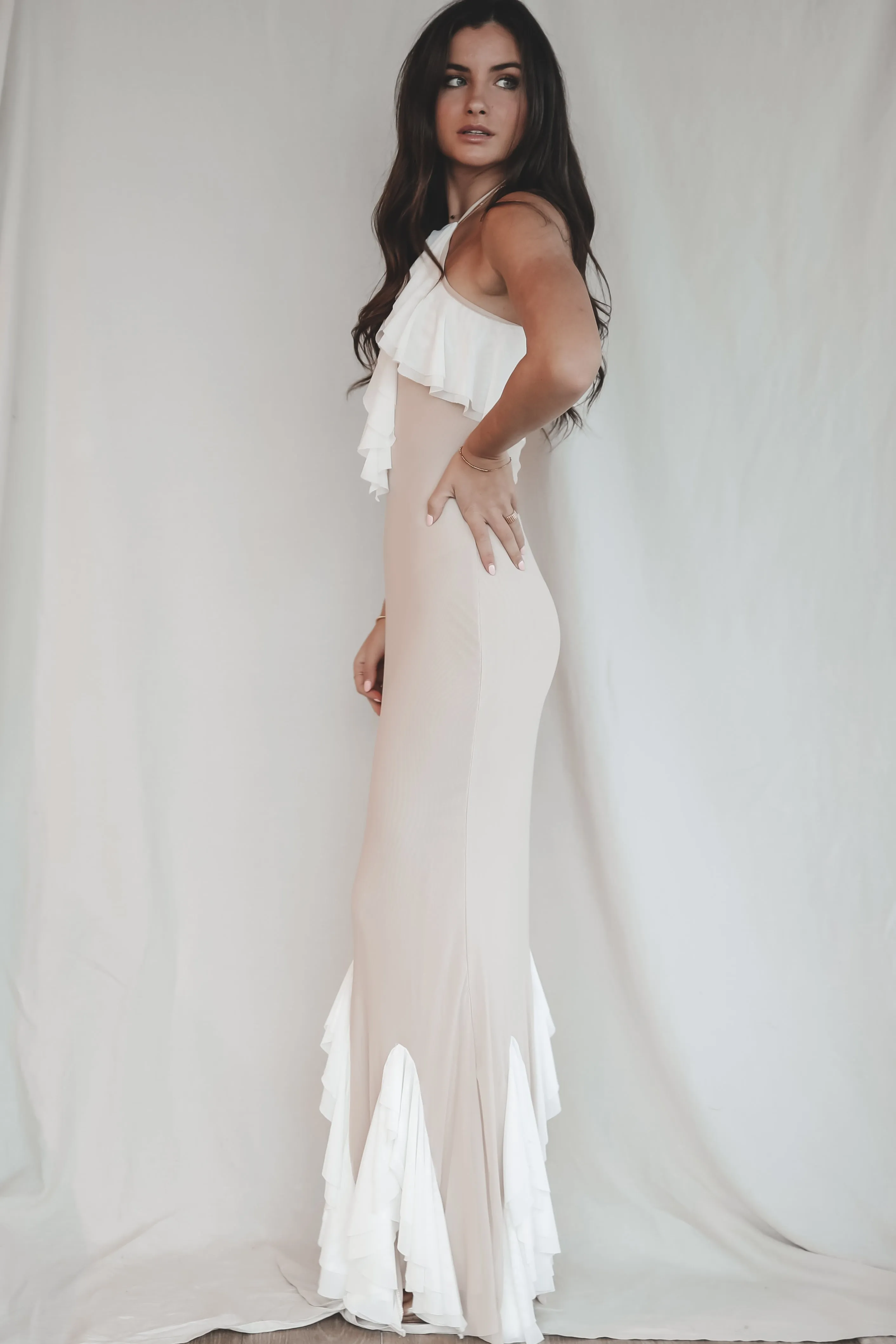 A Sunset Walk Taupe Ruffle Maxi Dress sold by Amazing Lace product image thumbnail 4