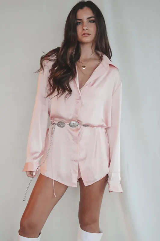 Giving Beverly Hills Satin Button Up Romper Dress sold by Amazing Lace