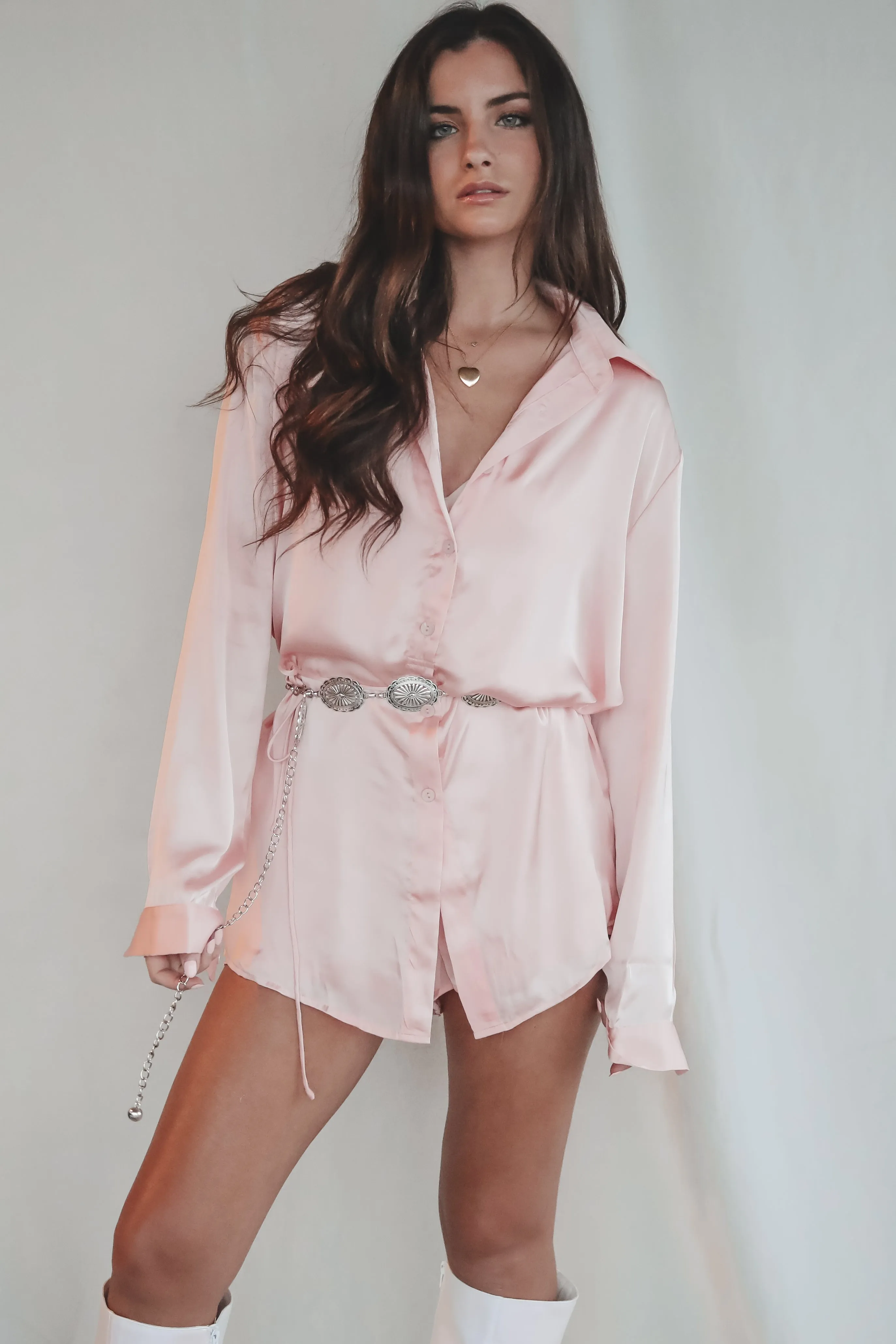 Giving Beverly Hills Satin Button Up Romper Dress sold by Amazing Lace