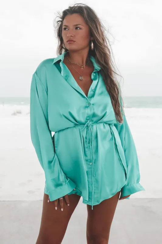 Giving Beverly Hills Satin Button Up Romper Dress sold by Amazing Lace