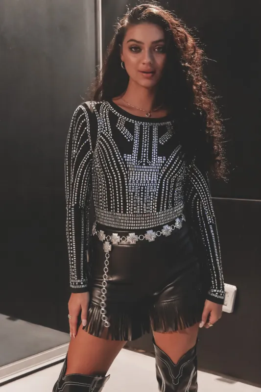 HOLIDAY DEAL The Theme Is Sparkle Long Sleeve Mesh Rhinestone Top sold by Amazing Lace