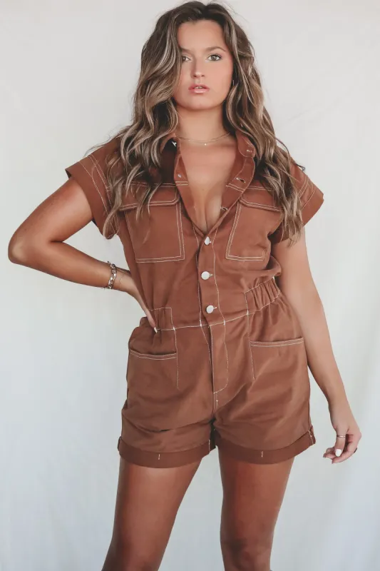 DEAL A Walk In The Park Brown Denim Romper sold by Amazing Lace