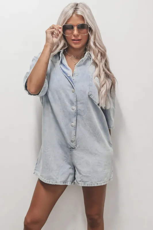 Take It Easy Button Down Denim Romper sold by Amazing Lace