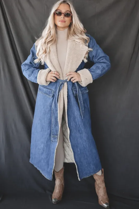 Denim On My Mind Long Fur Trench Coat sold by Amazing Lace