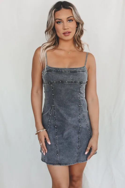 Did Someone Say Denim Dark Gray Studded Mini Dress sold by Amazing Lace