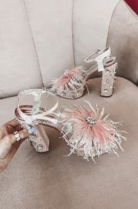 My Platforms Party Light Pink Jeweled Feather Heels sold by Amazing Lace