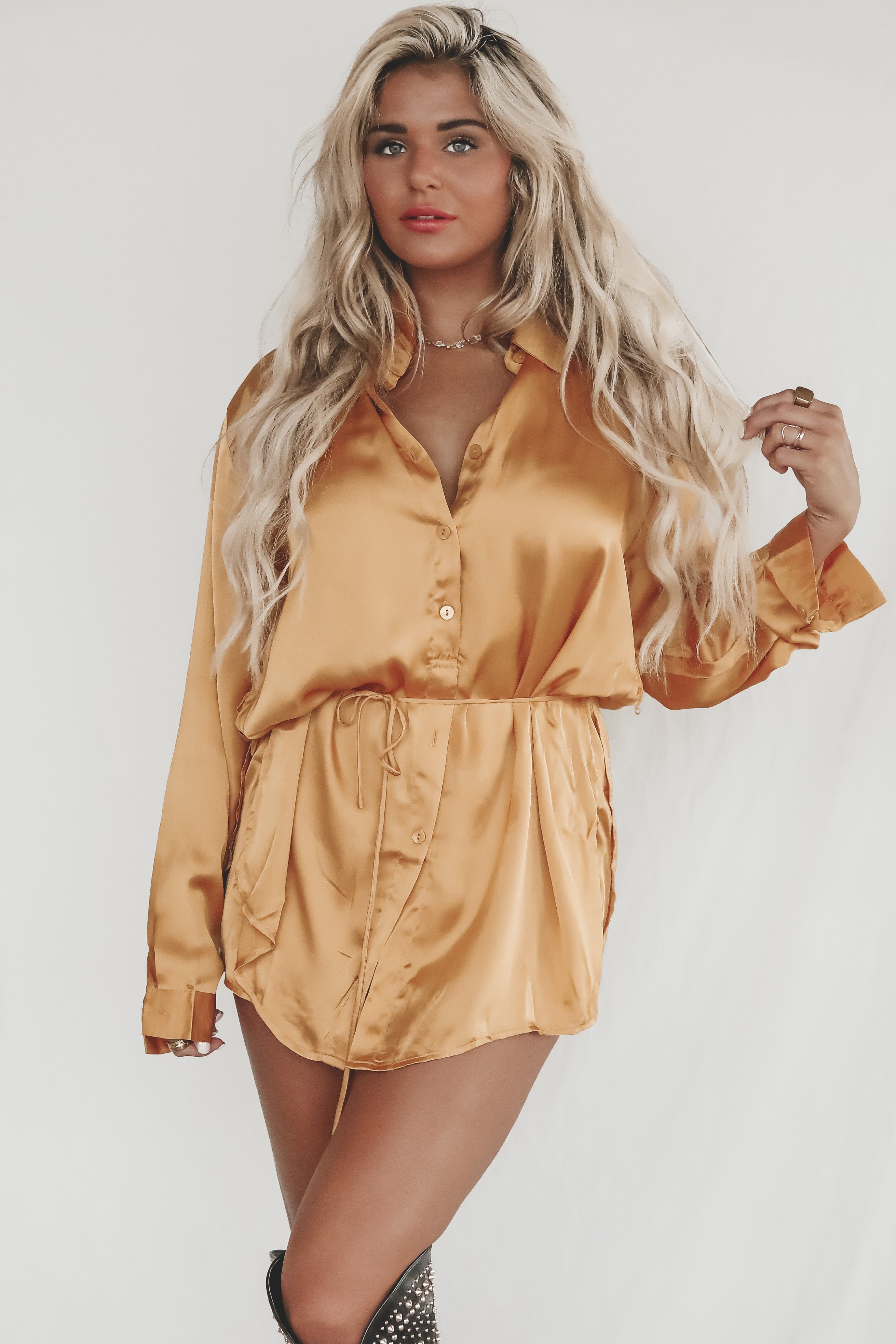 So Here For This Satin Button Up Romper Dress sold by Amazing Lace product image thumbnail 6