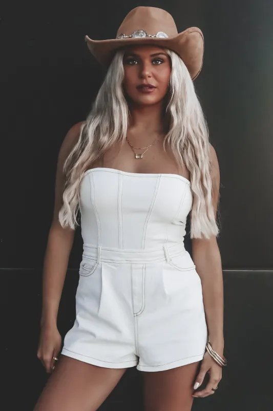 The Girls Are Hitting The Town Strapless Denim Romper sold by Amazing Lace