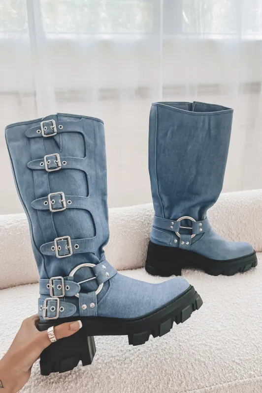 DEAL Cause A Scene Denim Platform Moto Boots sold by Amazing Lace