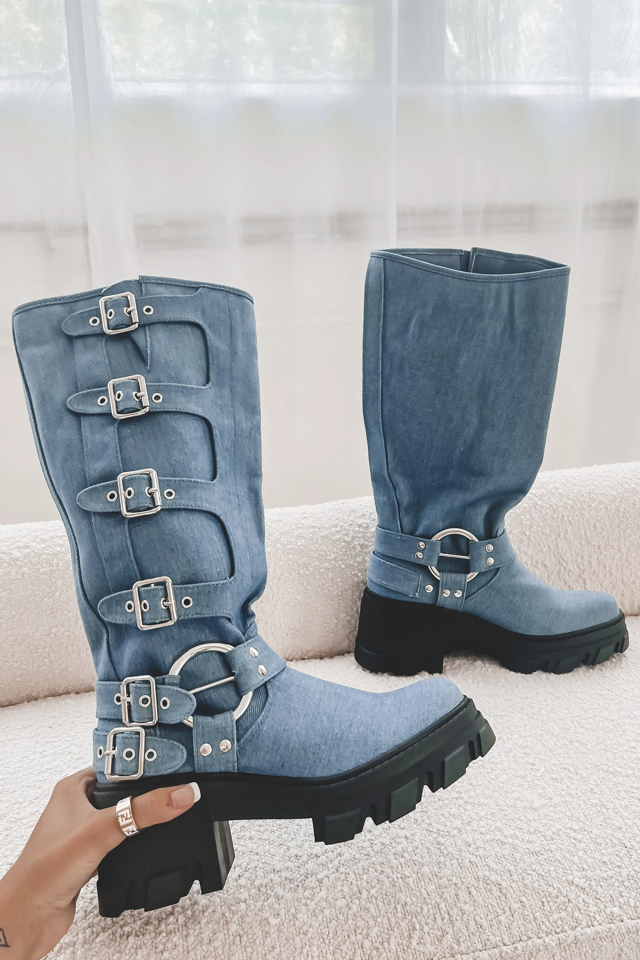 DEAL Cause A Scene Denim Platform Moto Boots sold by Amazing Lace