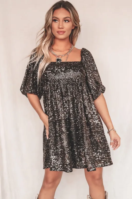 Only Here To Dress Up Black Sequins Short Sleeve Dress sold by Amazing Lace