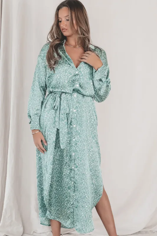 Coffee Date Queen Green Button Up Midi Dress sold by Amazing Lace