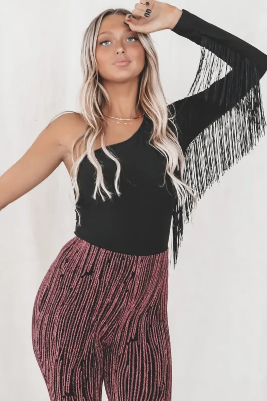 Back Of The Party Black Fringe One Shoulder Bodysuit sold by Amazing Lace