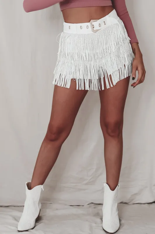 Where Is The Party White Fringe Mini Skort sold by Amazing Lace