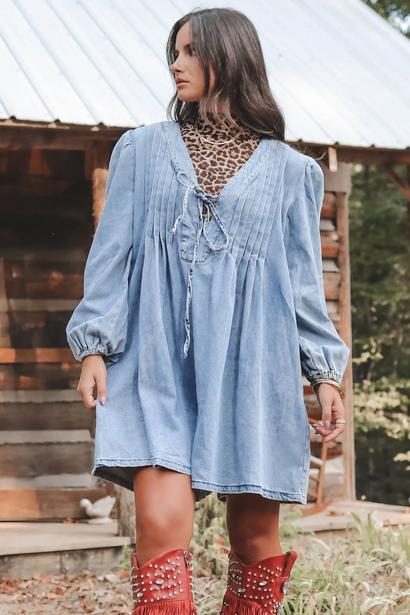 Living For This Look Long Sleeve Denim Romper Dress sold by Amazing Lace product image thumbnail 2