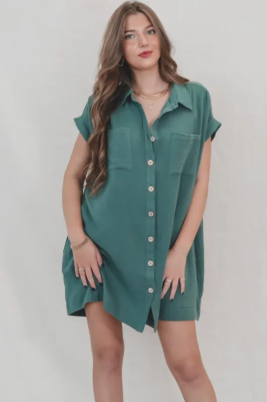 Hanging Out Tonight Green Linen Button Up Dress sold by Amazing Lace