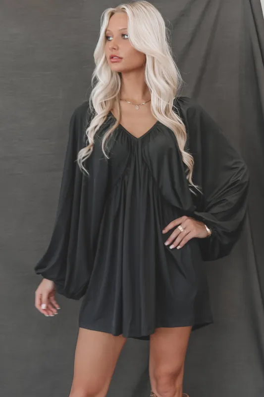 Something Extra Black Puff Sleeve Deep V Plunge Dress sold by Amazing Lace