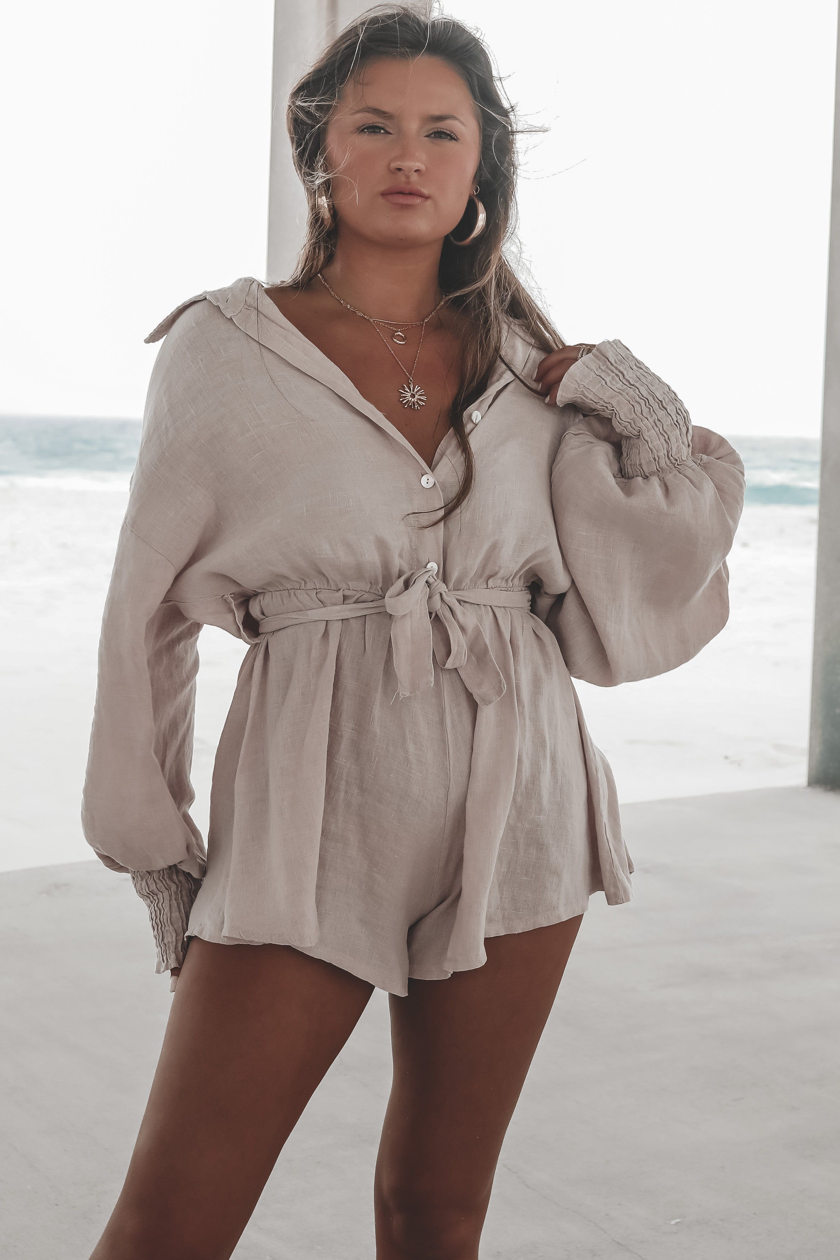Waves Crashing Linen Rose Pink Romper sold by Amazing Lace product image thumbnail 8
