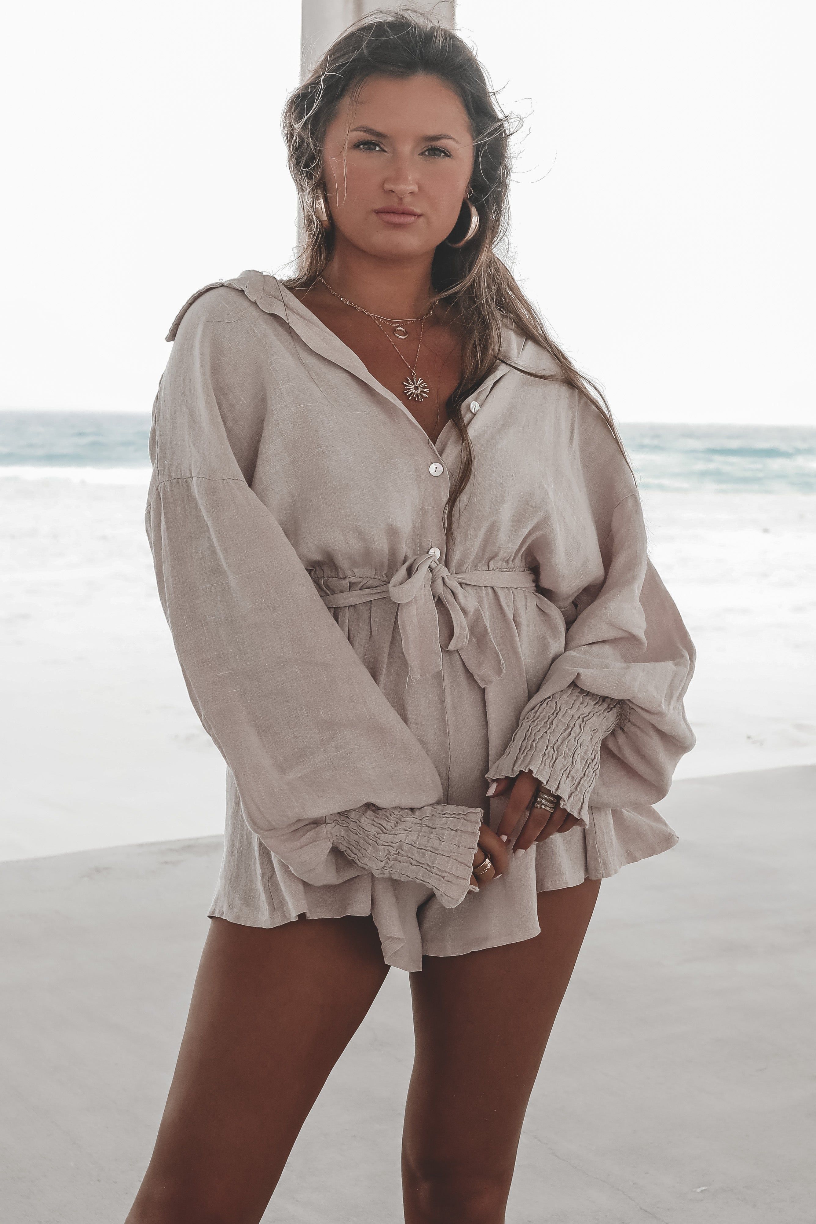 Waves Crashing Linen Rose Pink Romper sold by Amazing Lace