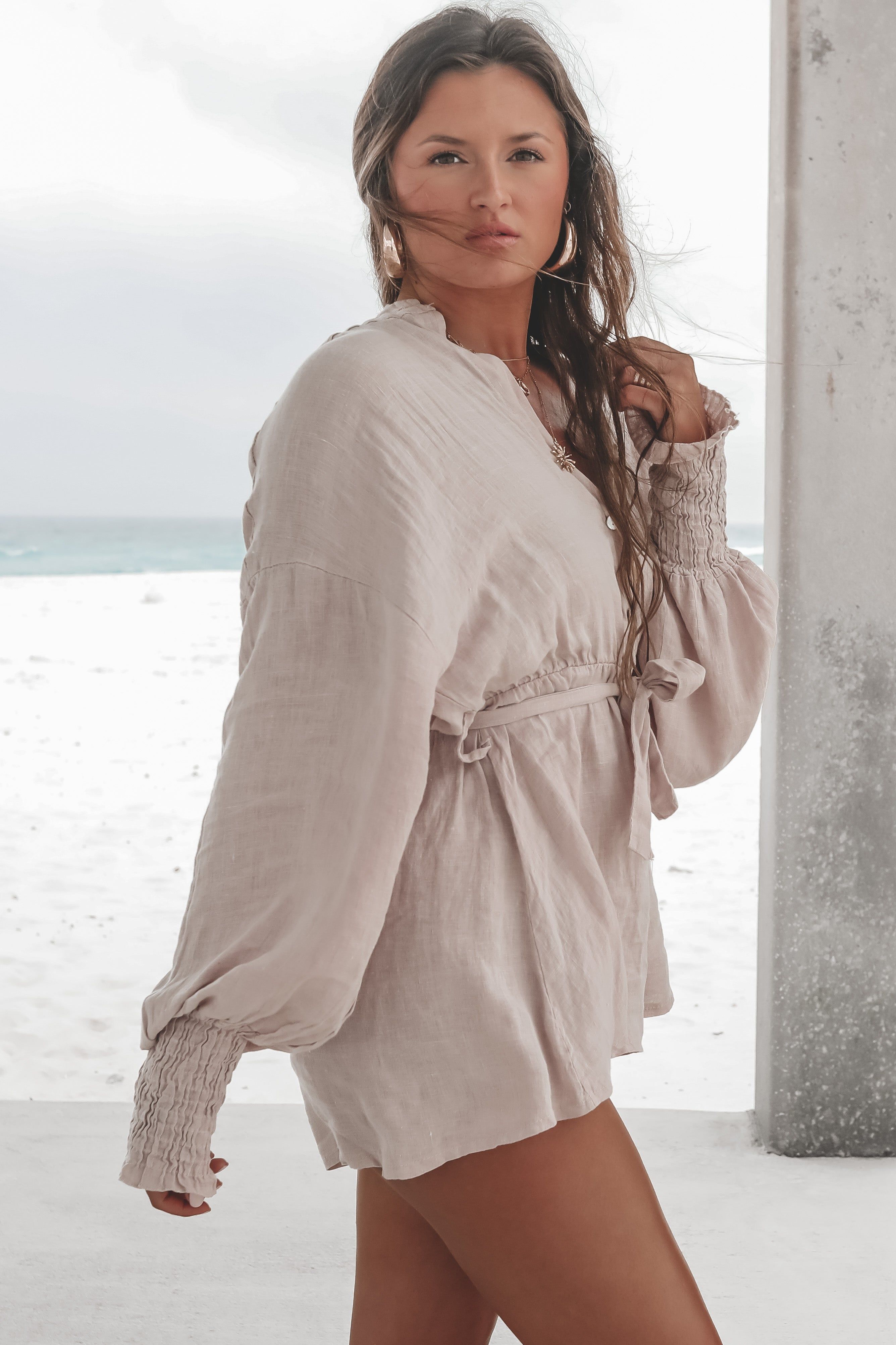 Waves Crashing Linen Rose Pink Romper sold by Amazing Lace product image thumbnail 5