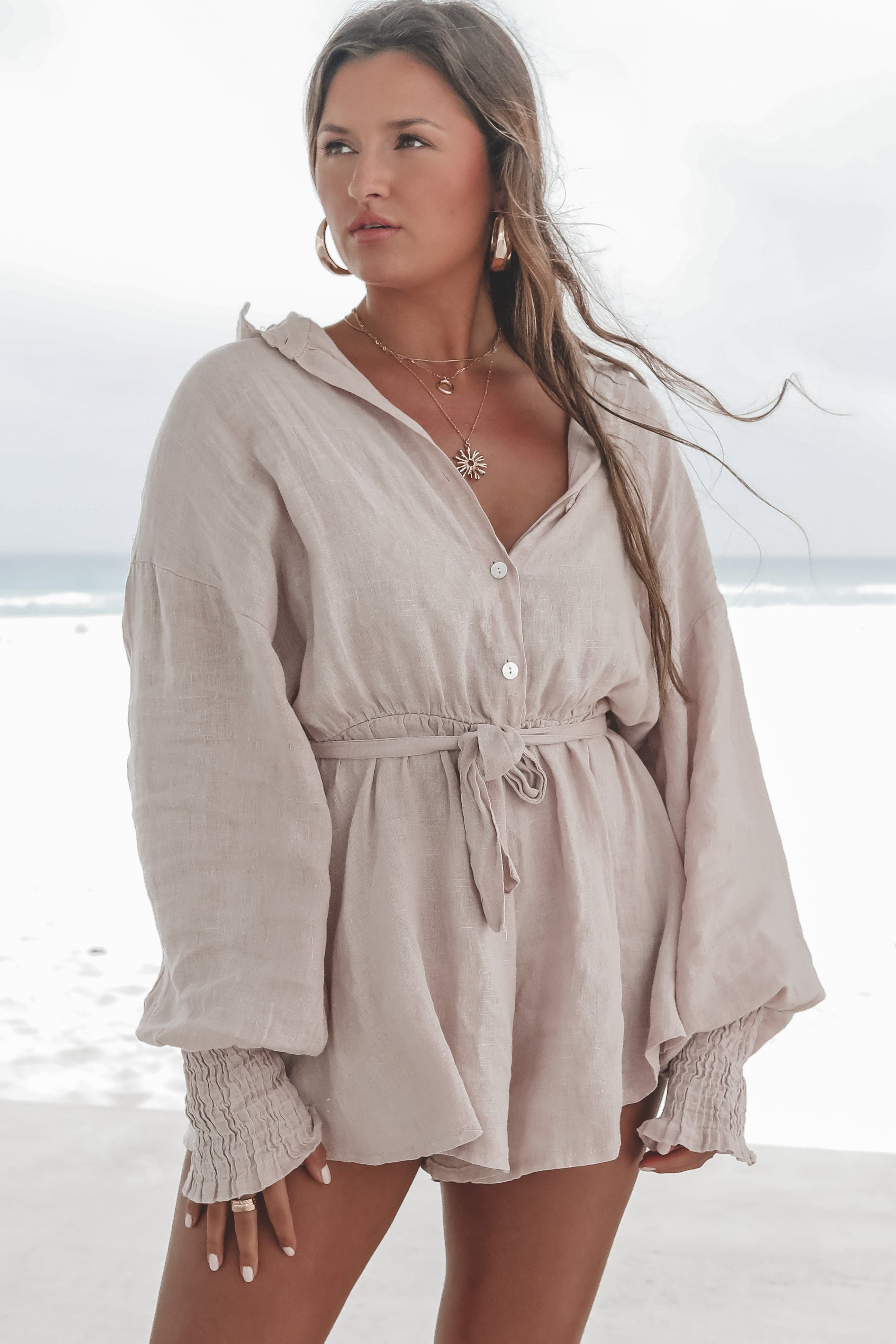 Waves Crashing Linen Rose Pink Romper sold by Amazing Lace product image thumbnail 3