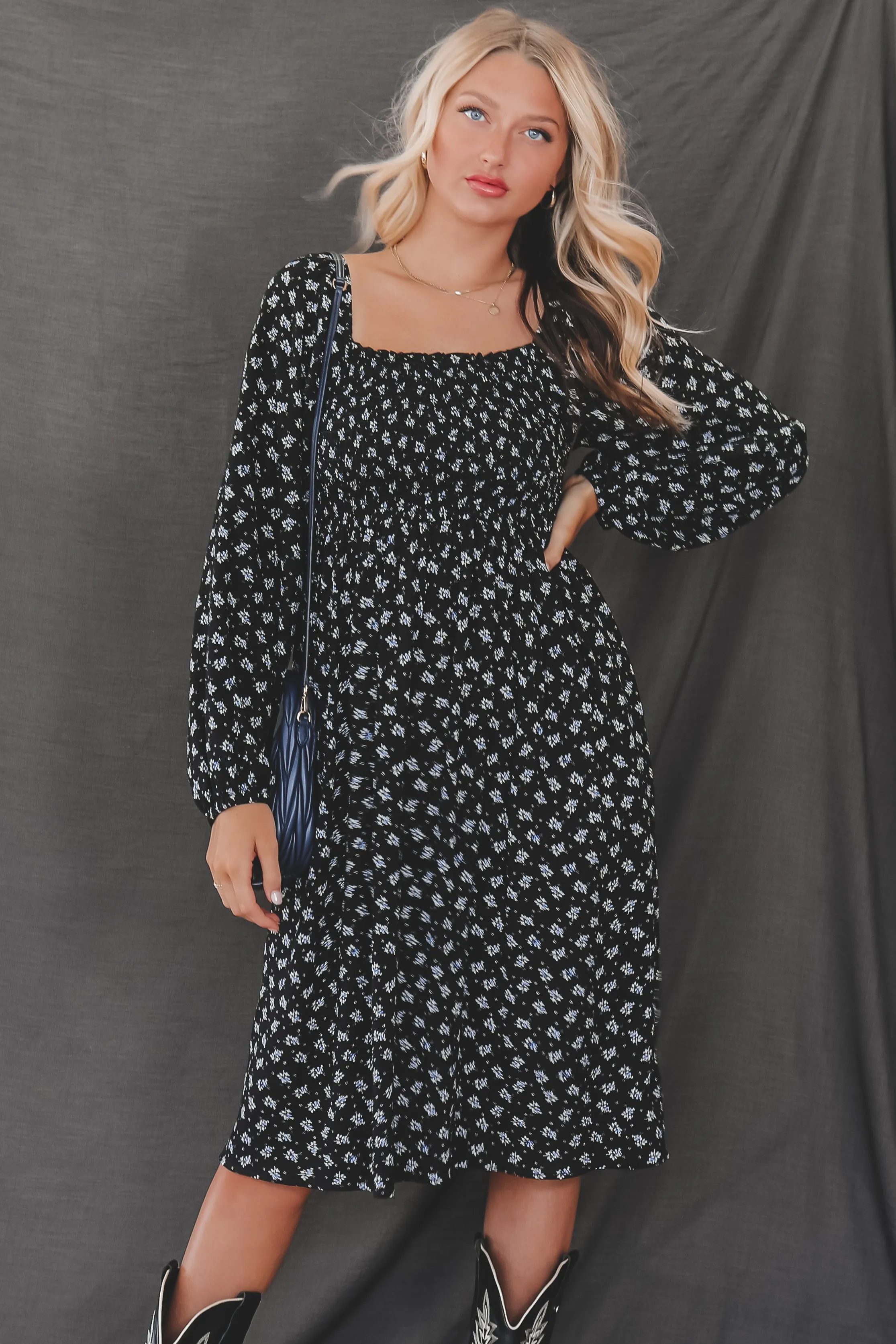 DEAL A Blushing Babe Black And Blue Floral Midi Dress sold by Amazing Lace