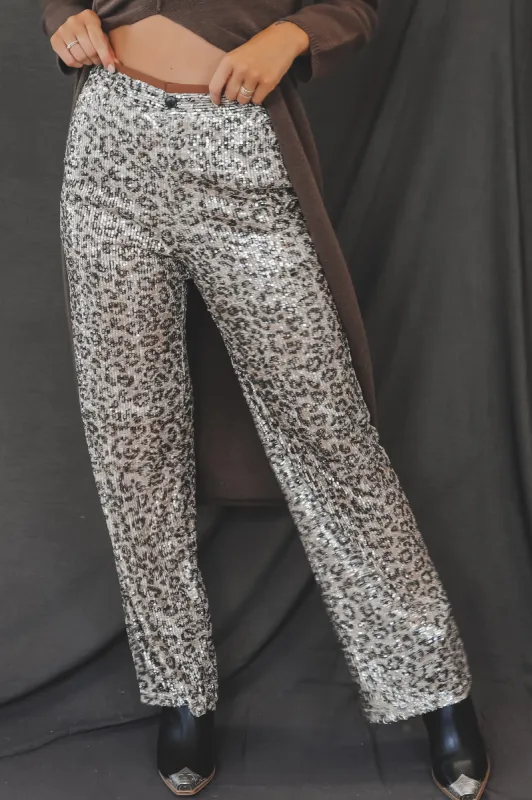 Lots Of Attention Leopard Sequin Flare Pants sold by Amazing Lace