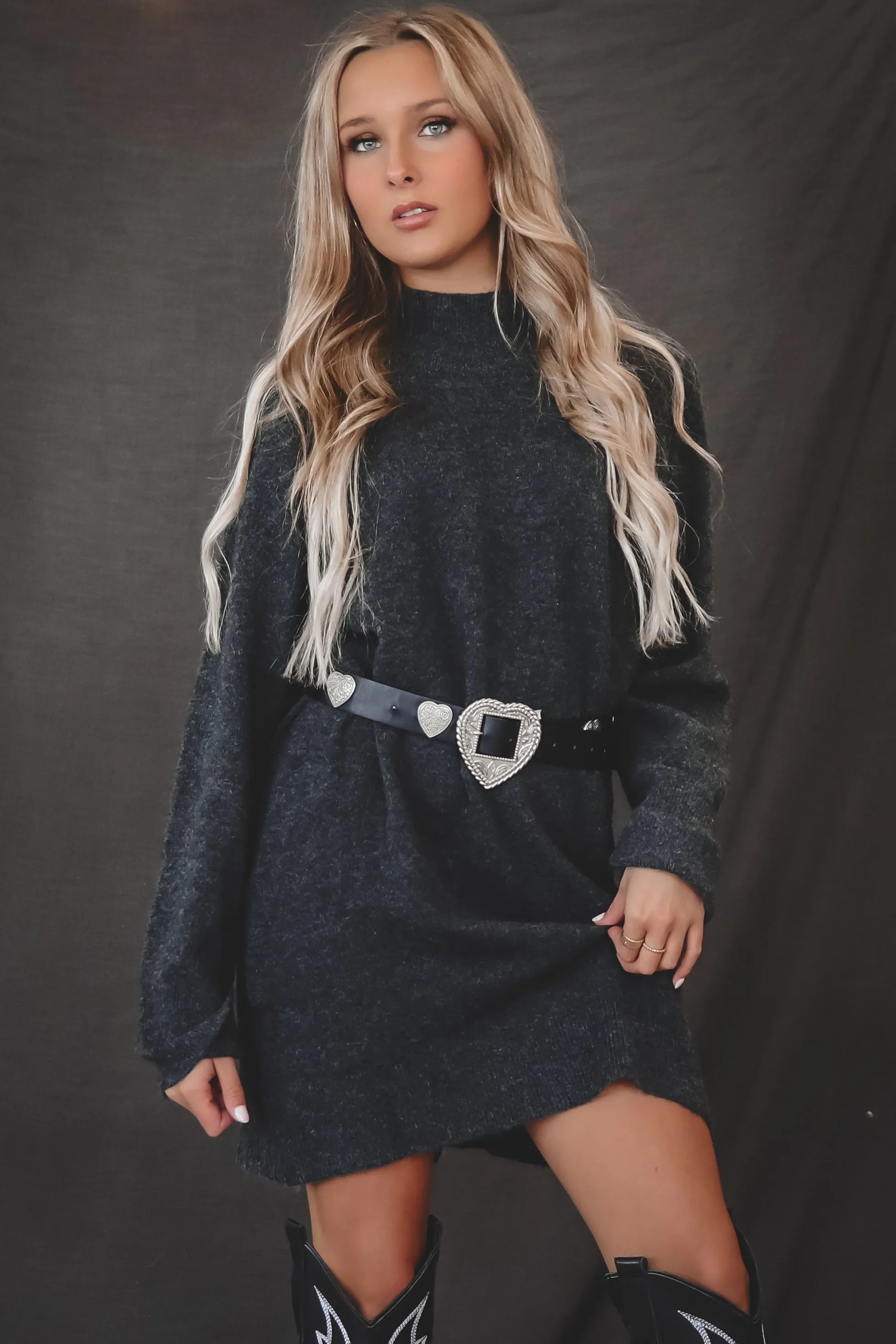 DEAL Sadie & Sage Charcoal Carson Hugh Neck Sweater Dress sold by Amazing Lace