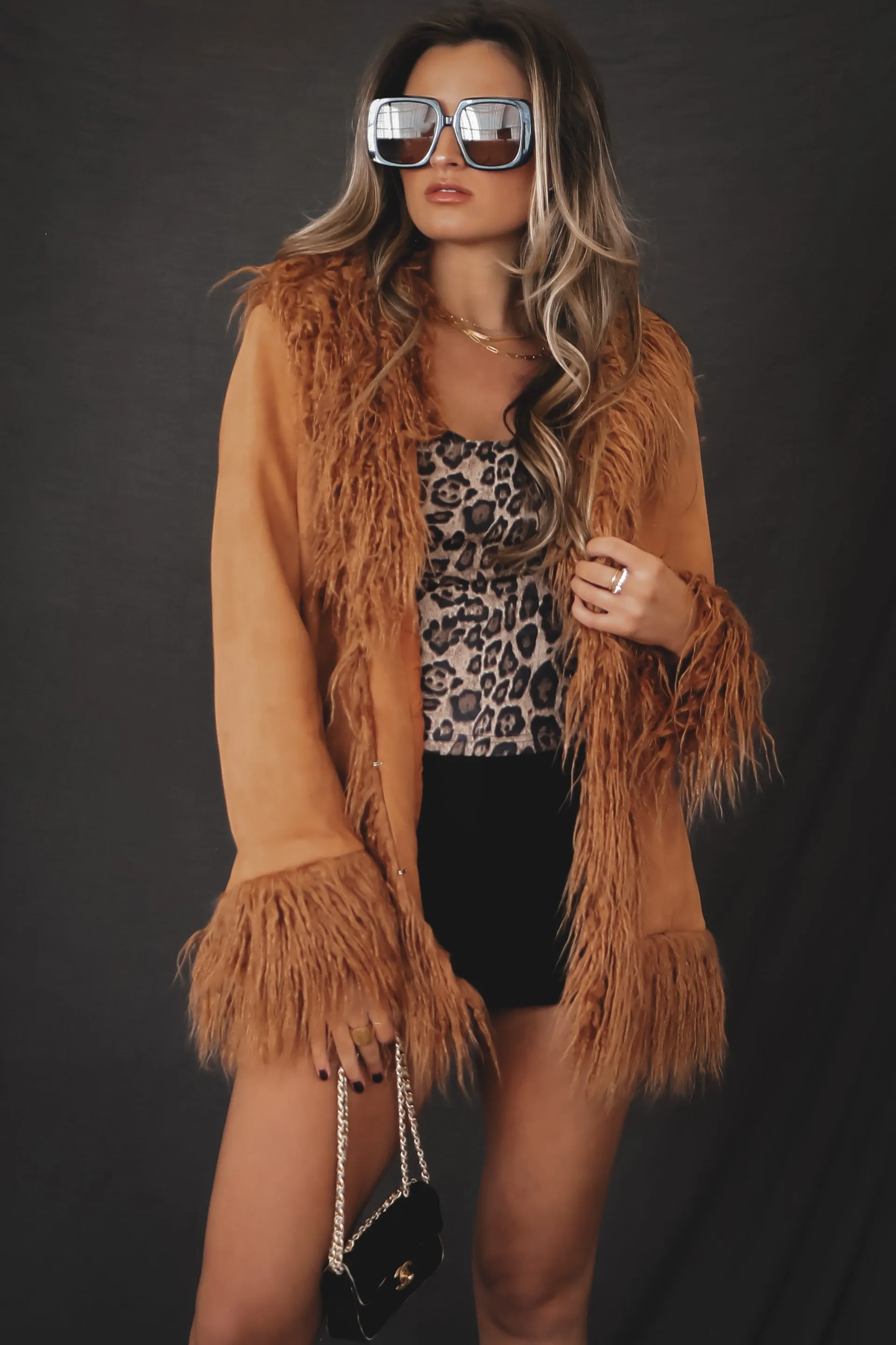 DEAL Sadie & Sage Soho Faux Shaggy Fur Trim Camel Suede Jacket sold by Amazing Lace