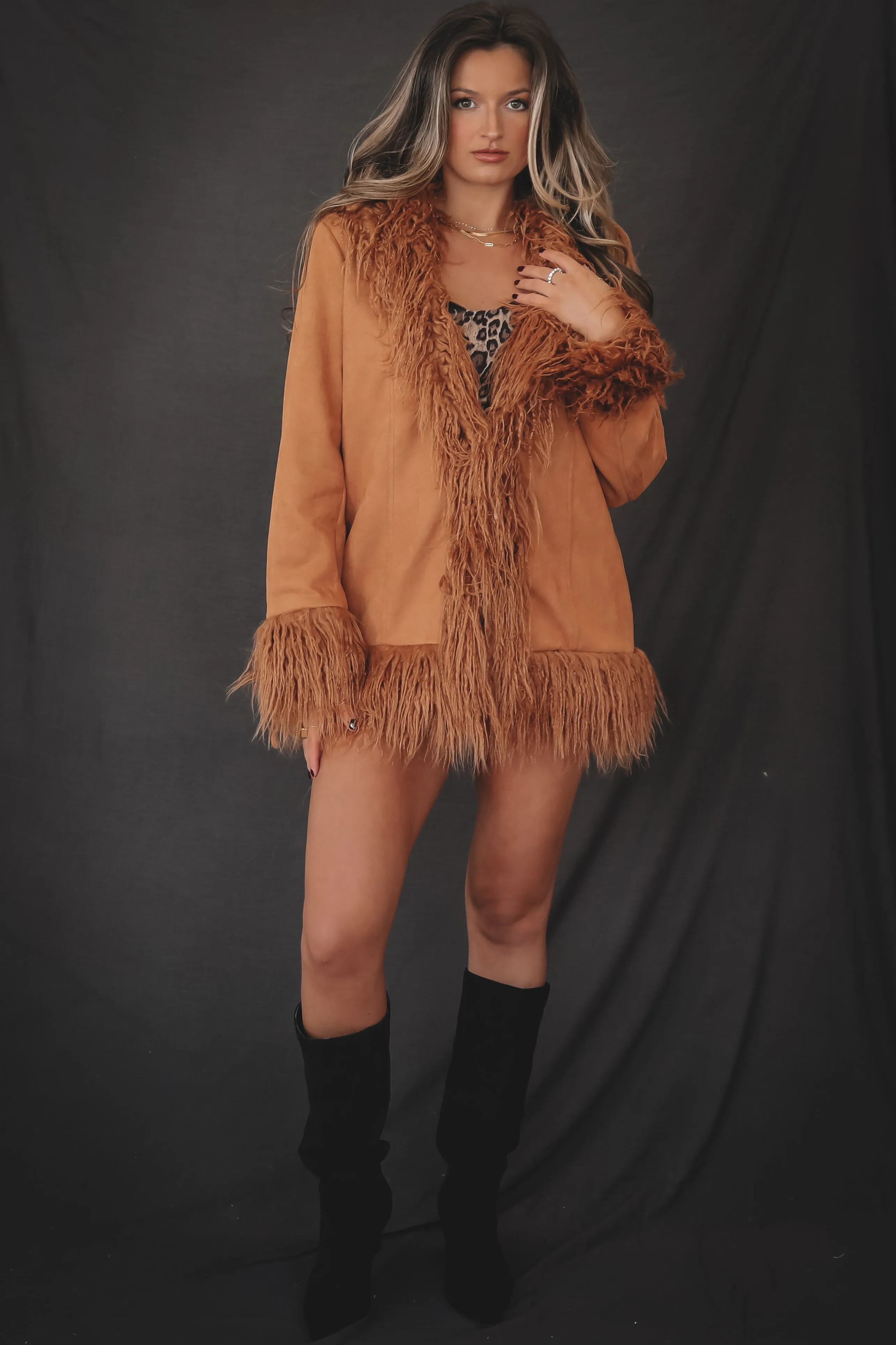 DEAL Sadie & Sage Soho Faux Shaggy Fur Trim Camel Suede Jacket sold by Amazing Lace product image thumbnail 4