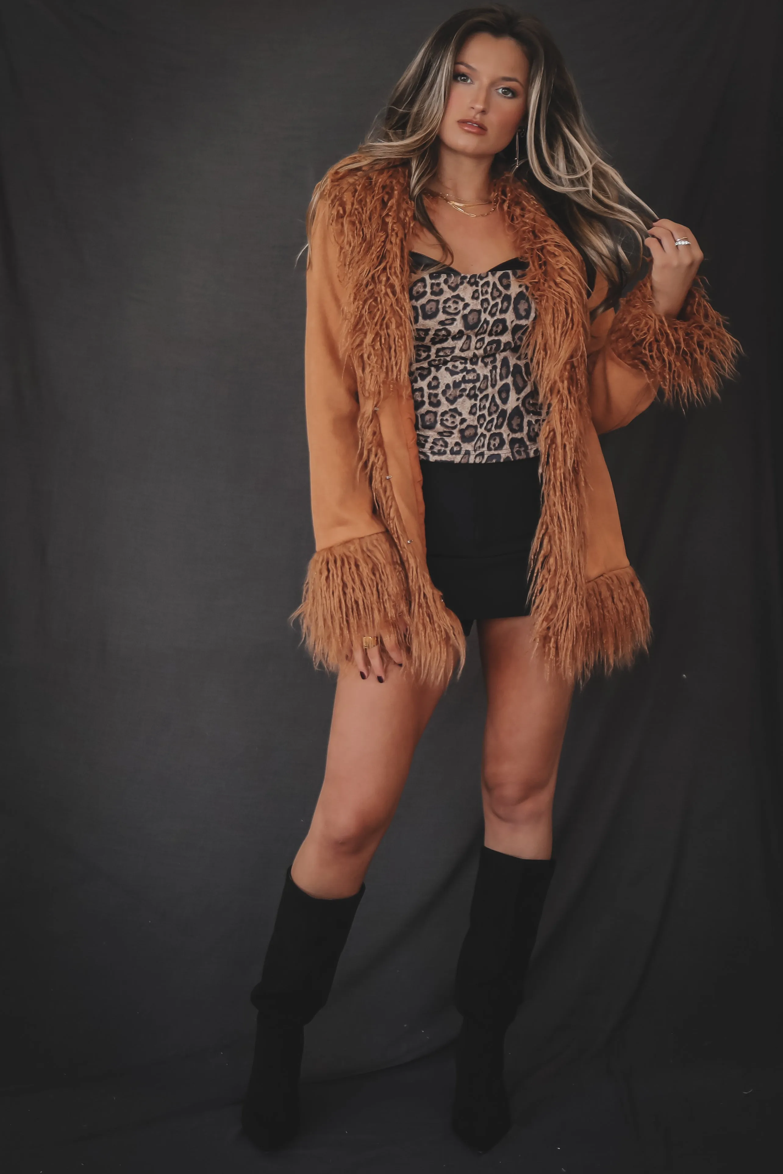 DEAL Sadie & Sage Soho Faux Shaggy Fur Trim Camel Suede Jacket sold by Amazing Lace product image thumbnail 5