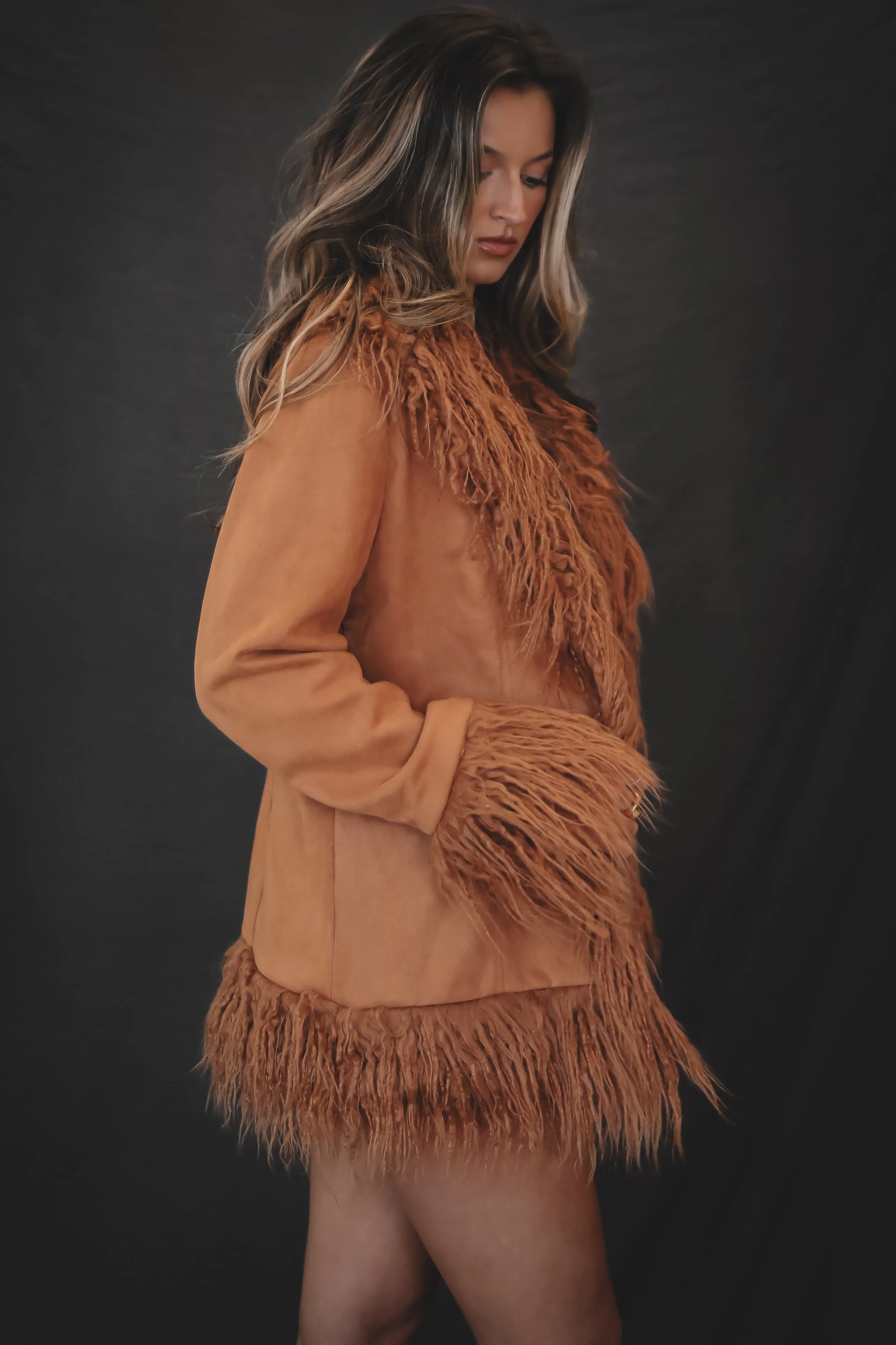 DEAL Sadie & Sage Soho Faux Shaggy Fur Trim Camel Suede Jacket sold by Amazing Lace product image thumbnail 2